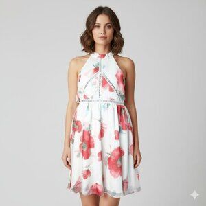 Two Sisters The Label Floral Halter Mini Dress High Neck White Pink Size Large